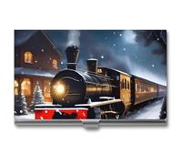 FHECVBN Porte-cartes de visite pour l'hiver, Noël, la nuit de neige, le train de chemin de fer, poche imprimée, étui fin en métal pour cartes de visite, porte-cartes de crédit, boucle de fermeture