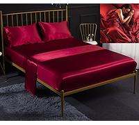 FHEDE Ensemble de draps 4 pièces pour Lit Double Bedding, Draps de Lit en Satin Ultra Soyeux avec Poche Profonde,1 Drap Housse, 1 Drap Plat, 2 Taies d'oreiller (Rouge)