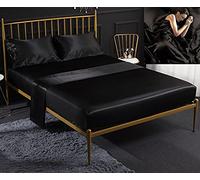 FHEDE Ensemble de draps 4 pièces pour Lit Double Bedding, Draps de Lit en Satin Ultra Soyeux avec Poche Profonde,1 Drap Housse, 1 Drap Plat, 2 Taies d'oreiller (Noir)