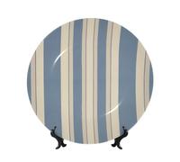 FHEDVBN Assiette décorative en porcelaine anglaise à rayures bleues beiges de 17,8 cm, assiette à dîner en céramique avec support, ornements muraux, artisanat d'art élégant pour femmes et hommes