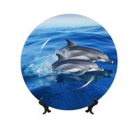 FHEDVBN Assiette décorative en porcelaine anglaise avec support, motif famille de dauphins, 25,4 cm, assiette à dîner en céramique avec support, ornements muraux, artisanat d'art élégant pour femmes