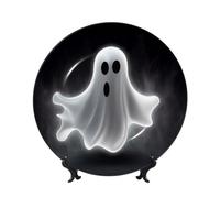 FHEDVBN Assiette décorative en porcelaine anglaise noire et fantôme d'Halloween, 25,4 cm, assiette à dîner en céramique avec support, ornements muraux, artisanat d'art élégant pour femmes et hommes