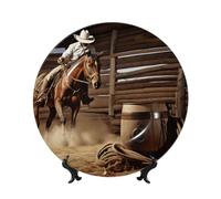 FHEDVBN Assiette décorative pour présentation, assiette décorative en porcelaine anglaise American West Rodeo de 25,4 cm, assiette à dîner en céramique avec support, ornements muraux, artisanat d'art