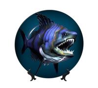 FHEDVBN Assiette décorative pour présentation, assiette décorative en porcelaine anglaise de poisson cool de 17,8 cm, assiette à dîner en céramique avec support, ornements muraux, artisanat d'art