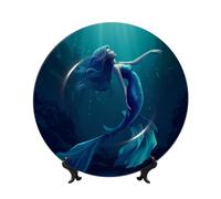 FHEDVBN Assiette décorative pour présentation, assiette décorative en porcelaine anglaise sirène bleue de 17,8 cm, assiette à dîner en céramique avec support, ornements muraux, artisanat d'art élégant