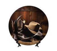FHEDVBN Assiette décorative pour présentation, chapeau noir de cowboy, bottes occidentales, assiette décorative en porcelaine anglaise de 20,3 cm, assiette à dîner en céramique avec support, ornements