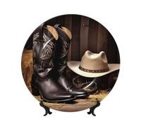 FHEDVBN Assiette décorative pour présentation, chapeau noir de cowboy, bottes occidentales, assiette décorative en porcelaine anglaise de 25,4 cm, assiette à dîner en céramique avec support, ornements