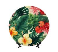 FHEDVBN Assiette décorative pour présentation, hojas tropicales y flores en porcelaine anglaise de 25,4 cm, assiette à dîner en céramique avec support, ornements muraux, artisanat d'art élégant pour