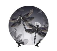 FHEDVBN Assiette décorative pour présentation, libellules grise, assiette décorative en porcelaine anglaise de 25,4 cm, assiette à dîner en céramique avec support, ornements muraux, artisanat d'art