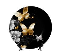 FHEDVBN Assiette décorative pour présentation, papillons blancs et dorés, assiette décorative en porcelaine anglaise noire de 25,4 cm, assiette à dîner en céramique avec support, ornements muraux