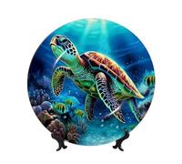 FHEDVBN Assiette décorative pour présentation, tortues de mer, peinture diamant, assiette décorative en porcelaine anglaise de 25,4 cm, assiette à dîner en céramique avec support, ornements muraux