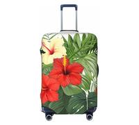 FHEDVBN Housse de bagage avec feuilles de végétation et fleurs d'hibiscus lavable et extensible anti-rayures pour bagages de 45,7 à 81,3 cm, Noir , XL