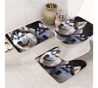 FHEDVBN Husky Dog Lot de 3 tapis de bain super doux et absorbants avec contour en forme de U et housse pour abattant de toilettes, tapis de bain en microfibre flanelle antidérapante