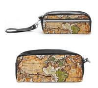 FHESDCW A Worn-out Trousse à crayons avec motif carte du monde - Grande capacité - Avec fermeture éclair - Étanche - À suspendre - Pour voyage - En cuir vintage - Pour homme et femme
