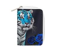 FHESDCW Blue Rose Tiger Porte-cartes en cuir avec 20 emplacements pour cartes de crédit et fermeture éclair pour homme et femme