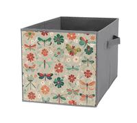 FHESDCW Boîte de rangement pliable avec poignées - Motif fleurs et libellules rouges et vertes - Cubes de rangement Oxford durables - 1 organiseur de placard pliable pour la maison, l'étagère, le