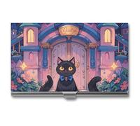 FHESDCW Cat And Magic Castle Gate - Porte-cartes de visite professionnel pour homme et femme, avec fermeture à boucle, étui en métal compact et portable pour employés de bureau, style, taille unique