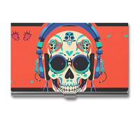 FHESDCW Étui pour cartes de visite avec écouteurs Punk Rock pour homme et femme, étui professionnel avec fermeture à boucle, étui en métal compact et portable pour employés de bureau, style, taille