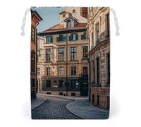 FHESDCW Façade Architecture Urban Image Sac à cordon en toile, pochettes à bijoux de voyage réutilisables, sacs de rangement lavables pour cadeaux, bonbons, cosmétiques, 12 x 18 cm