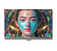 FHESDCW Libra's Porte-cartes de visite avec motif visage intéressant pour homme et femme, étui professionnel avec fermeture à boucle, étui en métal compact et portable pour employés de bureau, style