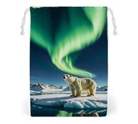 FHESDCW Northern Lights Sac en toile avec cordon de serrage Motif ours polaire réutilisable et lavable pour cadeaux, bonbons, cosmétiques 12 x 18 cm