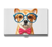 FHESDCW Nœud papillon souple pour animal de compagnie, lunettes surdimensionnées, porte-cartes de visite pour homme et femme, étui professionnel avec fermeture à boucle, étui en métal compact et