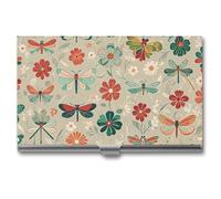 FHESDCW Porte-cartes de visite professionnel avec fermeture à boucle, compact et portable pour employés de bureau, motif fleurs et libellules rouges et vertes, pour hommes et femmes, style unique