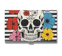 FHESDCW Porte-cartes de visite squelette et fleur noir et blanc pour homme et femme, étui professionnel avec fermeture à boucle, étui en métal compact et portable pour employés de bureau, style