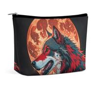FHESDCW Red Moon Trousse de maquillage d'extérieur en cuir synthétique imperméable avec fermeture éclair pour femme Motif loup