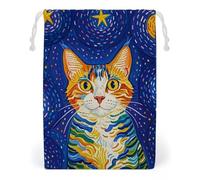 FHESDCW Sac à cordon en toile avec motif chat regardant les étoiles, pochettes réutilisables pour bijoux, sacs de rangement lavables pour cadeaux, bonbons, cosmétiques, 20 x 25 cm