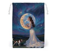 FHESDCW Sac d'amitié en toile avec cordon de serrage sous la lune géante, pochette à bijoux de voyage, sacs de rangement lavables pour cadeaux, bonbons, cosmétiques, 20 x 25 cm