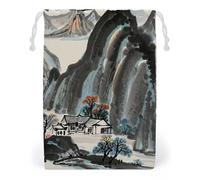 FHESDCW Sac de rangement en toile avec cordon de serrage pour peinture de paysage chinois, sacs de rangement lavables pour cadeaux, bonbons, cosmétiques, 20 x 25 cm
