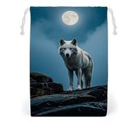 FHESDCW Sac en toile avec cordon de serrage, motif loup blanc sur le rocher, pochettes réutilisables pour bijoux, sacs de rangement lavables pour cadeaux, bonbons, cosmétiques, 12 x 18 cm