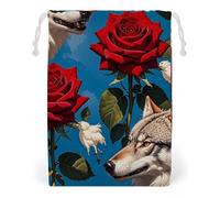 FHESDCW Sac en toile avec cordon de serrage - Motif rose rouge et trois loups - Réutilisables - Lavables - Pour cadeaux, bonbons, cosmétiques - 20 x 25 cm