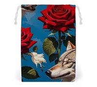 FHESDCW Sac en toile avec cordon de serrage - Motif rose rouge et trois loups - Réutilisables - Lavables - Pour cadeaux, bonbons, cosmétiques - 12 x 18 cm