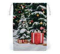 FHESDCW Sac en toile avec cordon de serrage, motif sapin et boîte cadeau, réutilisable, sacs de rangement lavables pour cadeaux, bonbons, cosmétiques, 20 x 25 cm