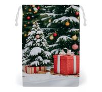 FHESDCW Sac en toile avec cordon de serrage, motif sapin et boîte cadeau, réutilisable, sacs de rangement lavables pour cadeaux, bonbons, cosmétiques, 12 x 18 cm