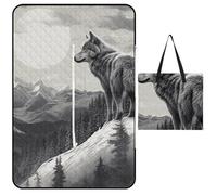 FHESDCW Snow Mountain Couverture de pique-nique loup solitaire avec sac fourre-tout à fermeture éclair, imperméable, portable, tapis d'extérieur léger et pliable pour la plage, le camping, le parc