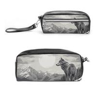 FHESDCW Snow Mountain - Trousse à crayons avec motif loup solitaire de grande capacité avec fermeture éclair, trousse à maquillage étanche à suspendre pour voyage, trousse à crayons en cuir vintage
