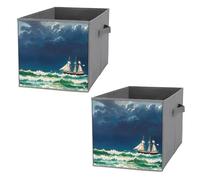 FHESDCW Stormy Waves - Lot de 2 boîtes de rangement pliables vintage en forme de voilier avec poignées, cubes de rangement Oxford durables, pour la maison, l'étagère, le bureau, les voyages