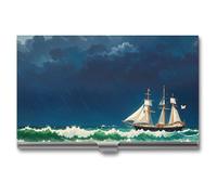 FHESDCW Stormy Waves - Porte-cartes de visite vintage en forme de voilier pour homme et femme, étui professionnel avec fermeture à boucle, étui en métal compact et portable pour employés de bureau