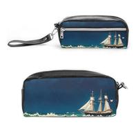 FHESDCW Stormy Waves - Trousse à crayons vintage en forme de voilier de grande capacité avec fermeture éclair, à suspendre, étanche, pour voyage, trousse à crayons vintage en cuir pour homme et femme