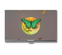 FHESDCW Sun And Moon - Porte-cartes de visite professionnel avec fermeture à boucle, compact et portable pour employés de bureau, style classique, pour hommes et femmes, motif papillon vert
