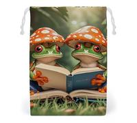 FHESDCW The Frog Family Is Reading Sac en toile avec cordon de serrage, pochettes réutilisables pour bijoux de voyage, sacs de rangement lavables pour cadeaux, bonbons, cosmétiques 12 x 18 cm