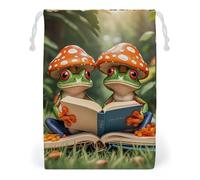 FHESDCW The Frog Family Is Reading Sac en toile avec cordon de serrage, pochettes réutilisables pour bijoux de voyage, sacs de rangement lavables pour cadeaux, bonbons, cosmétiques 20 x 25 cm