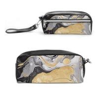 FHESDCW Trousse à crayons à encre marbrée noire et dorée de grande capacité avec fermeture éclair, trousse à maquillage étanche à suspendre pour voyage, trousse à crayons en cuir vintage pour homme et