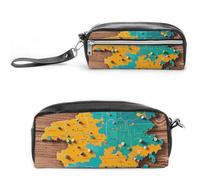 FHESDCW Trousse à crayons avec motif carte sur fond en bois - Grande capacité - Avec fermeture éclair - Étanche - Pour voyage - Vintage - En cuir - Pour homme et femme