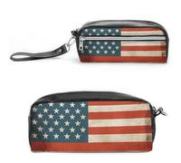 FHESDCW Trousse à crayons avec motif drapeau des États-Unis, grande capacité avec fermeture éclair, sac à maquillage étanche à suspendre pour voyage, trousse à crayons vintage en cuir pour homme et