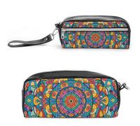 FHESDCW Trousse à crayons circulaire mandala grande capacité avec fermeture éclair, trousse à maquillage étanche à suspendre pour voyage, trousse à crayons vintage en cuir pour homme et femme