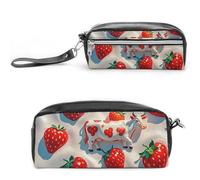 FHESDCW Trousse à crayons de grande capacité avec fermeture éclair - Étanche - Pour voyage - Blanche - Motif vache et fraise - Trousse à crayons en cuir vintage pour homme et femme